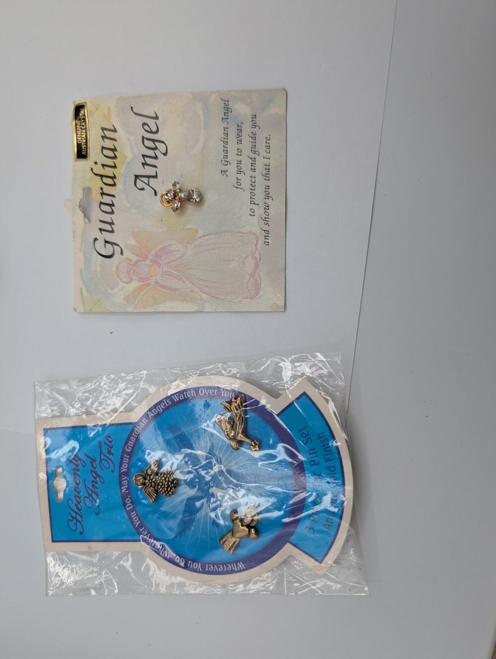 Guardian Angel Pin & Heavenly Angel Trio Pin Set 4 Total Religious Crystal Gold